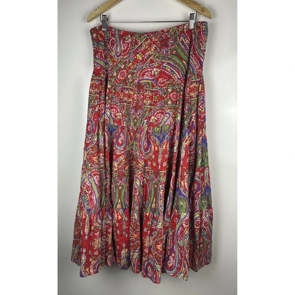 Lauren by Ralph Lauren Red Paisley Tiered Midi Maxi Full Length Skirt Size Large - Picture 5 of 9